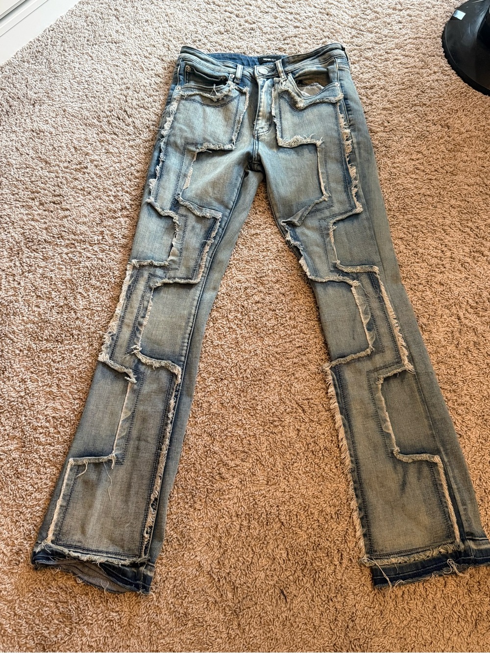 Fashion Nova Frayed Patchwork Light Wash men’s flare Jeans